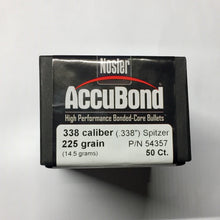 Load image into Gallery viewer, 338 Cal. (225 gr) Spitzer Accu Bond Bullets by Nosler #54357
